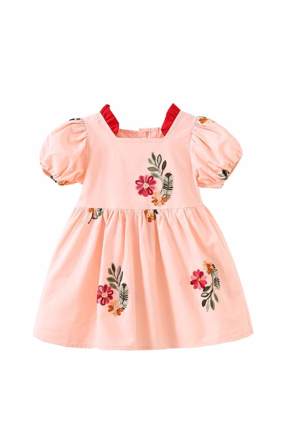 2025 Toddler Baby Girls Summer Dress Puff Short Sleeve Embroidered Pattern Casual Princess Dress Pink