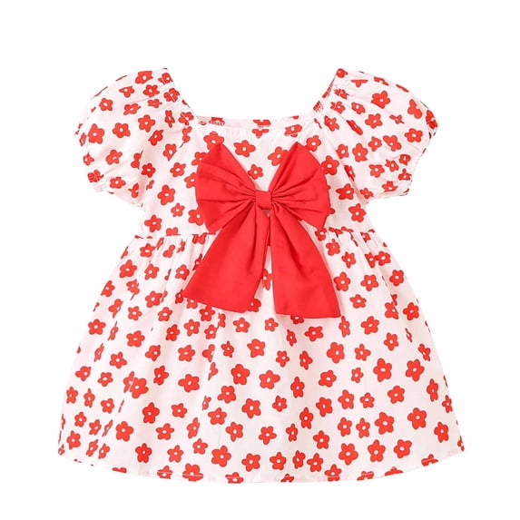Zwiiyzr 2025 Toddler Baby Girls Summer Dress Puff Short Sleeve Embroidered Pattern Casual Princess Dress Red