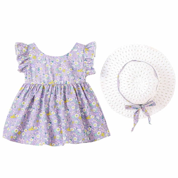 Zwiiyzr Toddler Baby Girls Summer Dress Sleeveless Flower Print Sundress Casual Princess Dress with Hat