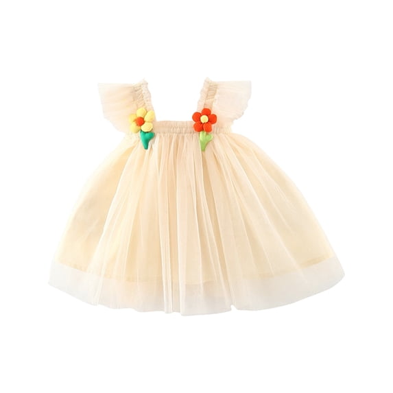 Zwiiyzr 2024 Toddler Baby Girls Summer Dress Sweety Princess Birthday Party Gown Fly Sleeve Butterfly Tutu Tulle Dress Beige-6 Months