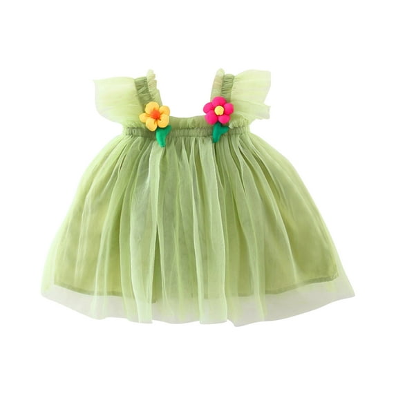 Zwiiyzr 2024 Toddler Baby Girls Summer Dress Sweety Princess Birthday Party Gown Fly Sleeve Butterfly Tutu Tulle Dress Green-12 Months