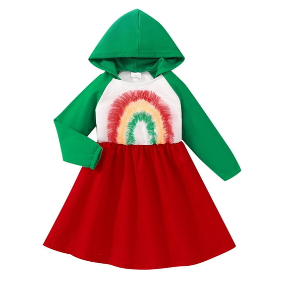 Zwiiyzr Toddler Baby Kids Girls Dress Winter Multicolour Mesh Patchwork Long Sleeved Hooded Dress For 3-7 Years Old Green