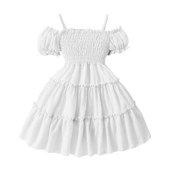 Zwiiyzr 2025 Toddler Baby Little Girls Summer Boho Ruffled Tiered Swing Spaghetti Strap Beach Sun Dress Sling Sundress Princess Dress 1-10 Years White
