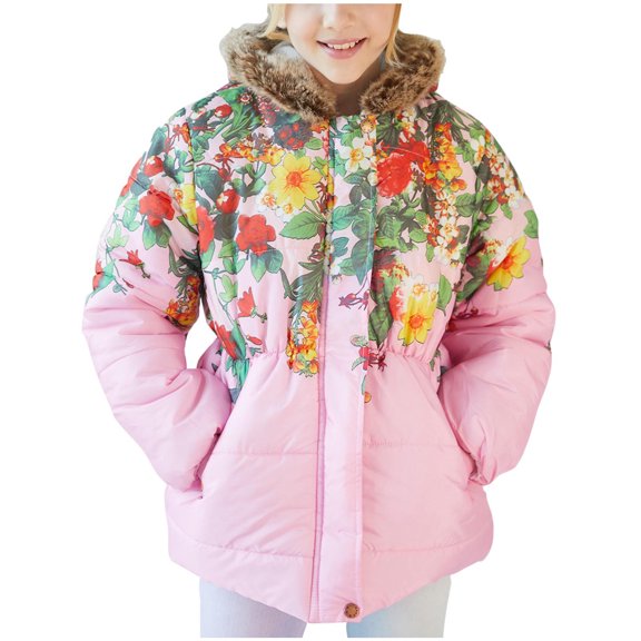 Zwiiyzr Toddler Baby Girls Floral Print Parka Jacket Hooded Winter Thick Warm Windproof Coat Outerwear