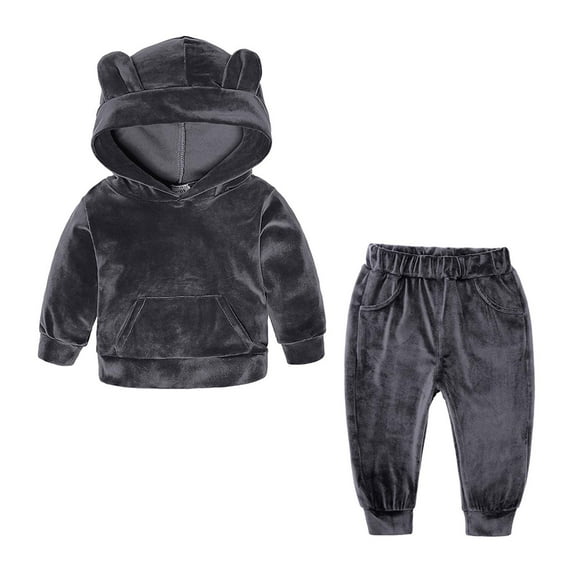 Zwiiyzr Toddler Boys Girls 2 PCS Pleuche Hooded Sweatshirt Baby Clothes Kids Sweater Pants Coat Set Gray