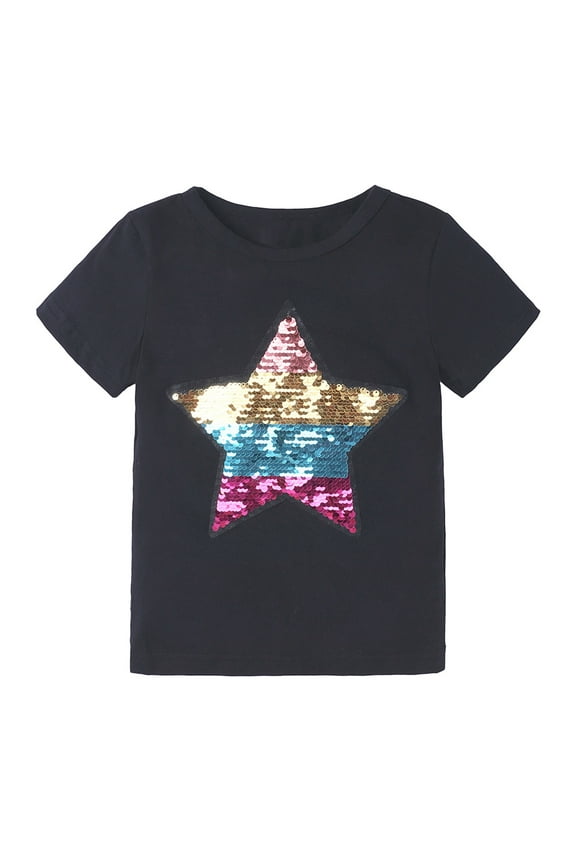 Toddler Boys Girls Flip Sequin Top Baby Clothes Fashion Cotton Funny Discoloration Flip Star Sequins Pattern Top T-shirt Black