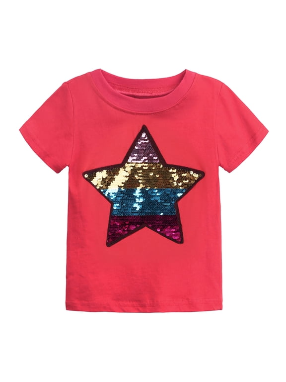 Lovskoo Toddler Boys Girls Flip Sequin Top Baby Clothes Fashion Cotton Funny Discoloration Flip Star Sequins Pattern Top T-shirt Red