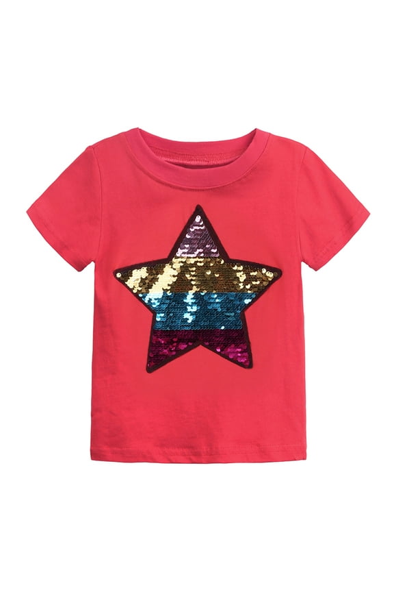 Toddler Boys Girls Flip Sequin Top Baby Clothes Fashion Cotton Funny Discoloration Flip Star Sequins Pattern Top T-shirt Red
