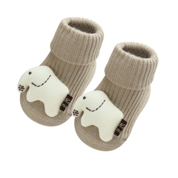 Zwiiyzr Toddler Boys Girls Slipper Socks 0-3 Years Over The Calf Solid Color Cartoon Socks Keep Warm Kids Soft Dispensing Non-Slip Indoor Newborn Socks Khaki