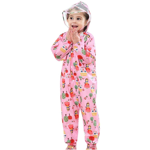 Zwiiyzr Toddler Boys Girls Waterproof Hooded Rain Coats Relective Cartoon Coverall Raincoat Fashion Children One Piece Rain Jumpsuits Pink