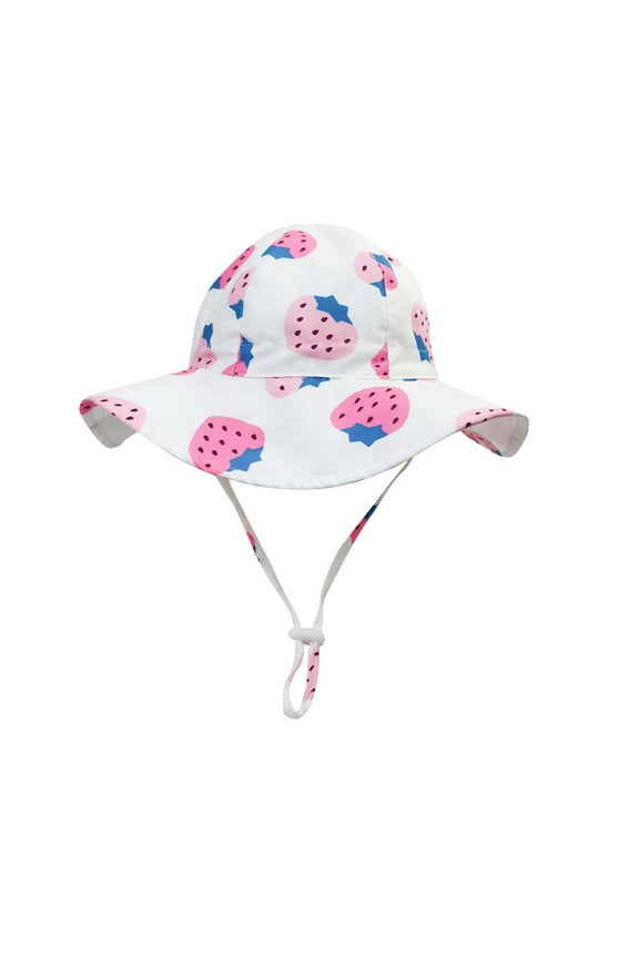 Toddler Bucket Hat Wide Brim Summer Children's Strawberry Print Sun Protection With Rope Baby Beach Gear White 3-9 Months
