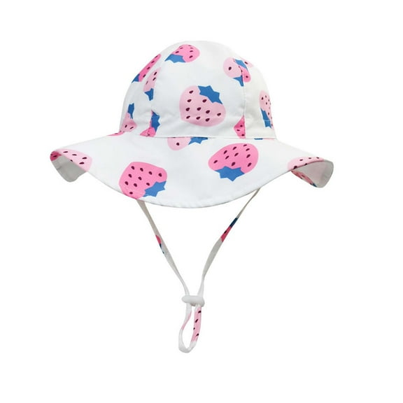 Zwiiyzr Toddler Bucket Hat Wide Brim Summer Children's Strawberry Print Sun Protection With Rope Baby Beach Gear White 9-18 Months