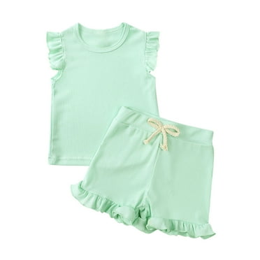 Zwiiyzr Toddler Girl Clothes 2 Piece Outfit Solid Ribbed Knit Tank Top and Shorts Set Baby Summer Clothes Size 1-6T Green