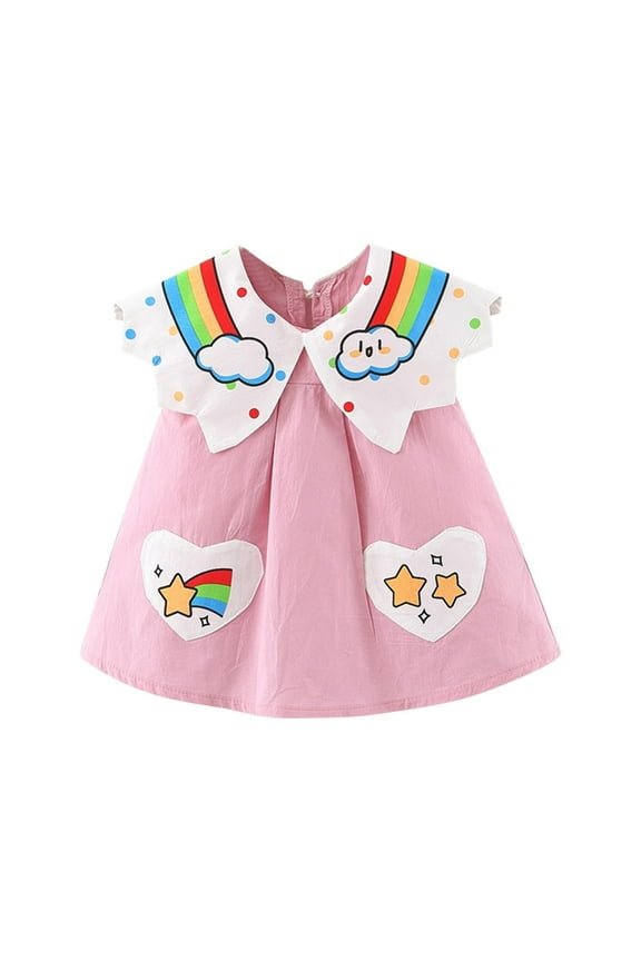 Toddler Girl Summer Dress Baby Rainbow Print Doll Collar Sleeveless Contrast Color Dress for 6 Months-3 Years Baby Clothes Pink