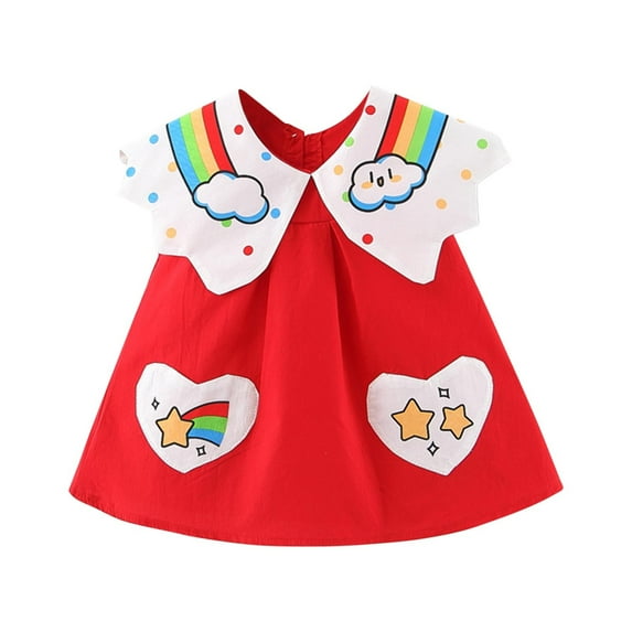 Zwiiyzr Toddler Girl Summer Dress Baby Rainbow Print Doll Collar Sleeveless Contrast Color Dress for 6 Months-3 Years Baby Clothes Red