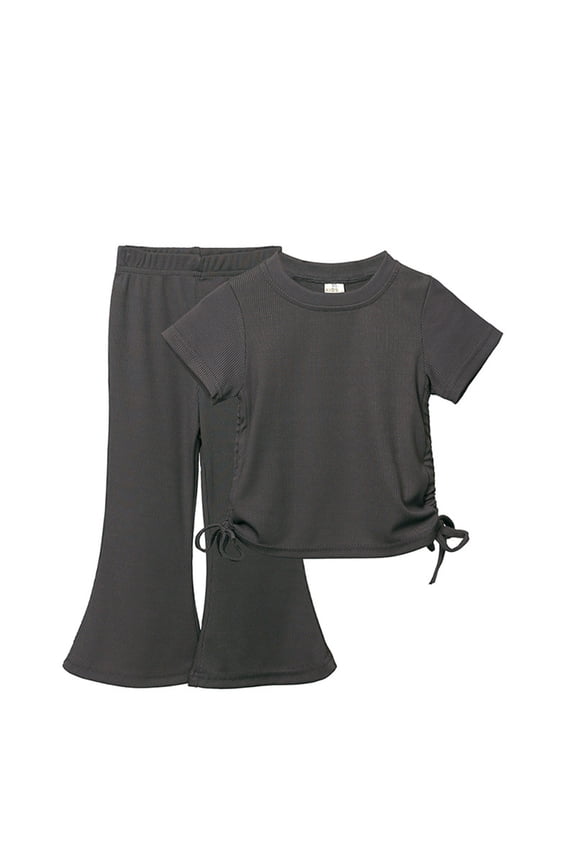 Toddler Girl Summer Outfits Ribbed Knit Solid Color Drawstring Short Sleeve Flared Pants Two Set Cute Pants Size 1-10 Years Dark Gray