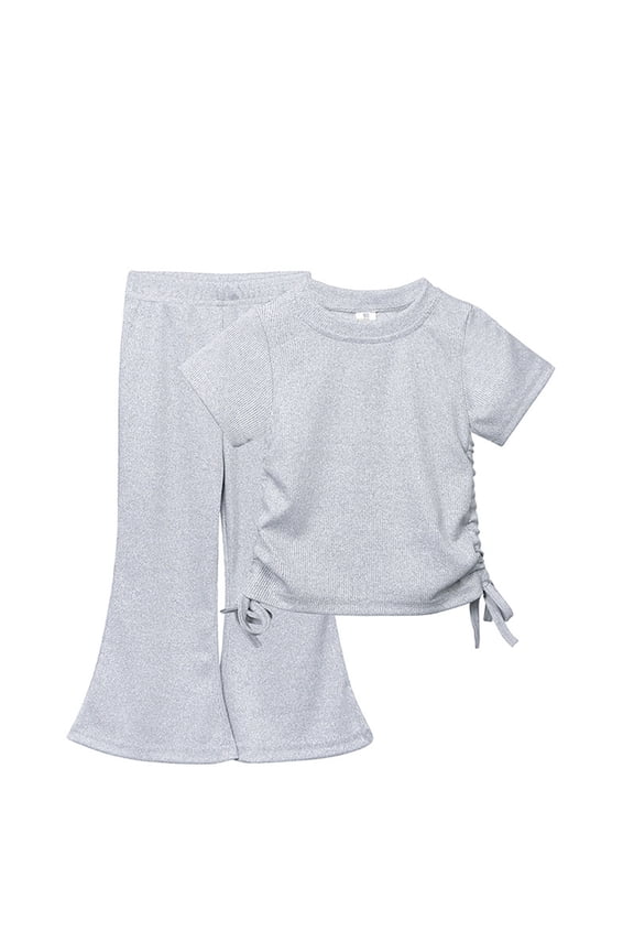 Toddler Girl Summer Outfits Ribbed Knit Solid Color Drawstring Short Sleeve Flared Pants Two Set Cute Pants Size 1-10 Years Gray