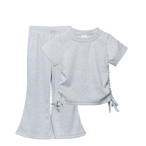 Zwiiyzr Toddler Girl Summer Outfits Ribbed Knit Solid Color Drawstring Short Sleeve Flared Pants Two Set Cute Pants Size 1-10 Years Gray