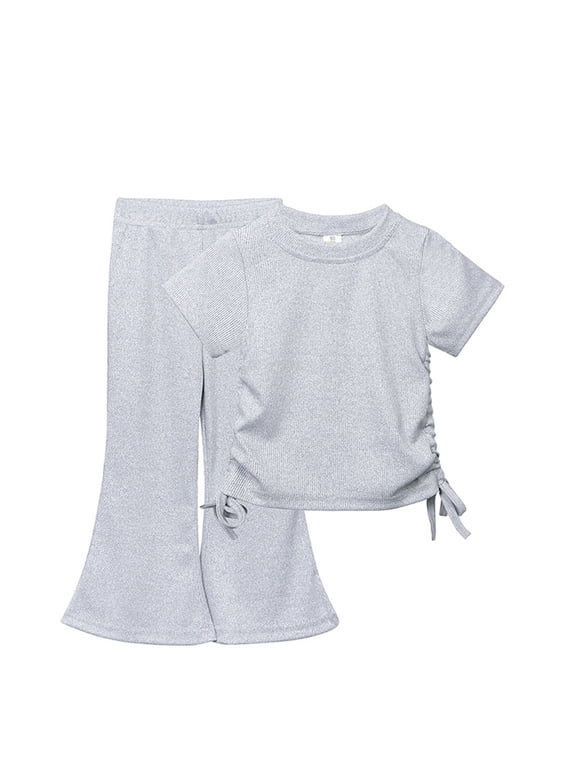 Toddler Girl Summer Outfits Ribbed Knit Solid Color Drawstring Short Sleeve Flared Pants Two Set Cute Pants Size 1-10 Years Gray