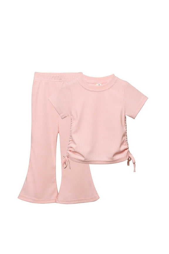 Toddler Girl Summer Outfits Ribbed Knit Solid Color Drawstring Short Sleeve Flared Pants Two Set Cute Pants Size 1-10 Years Pink
