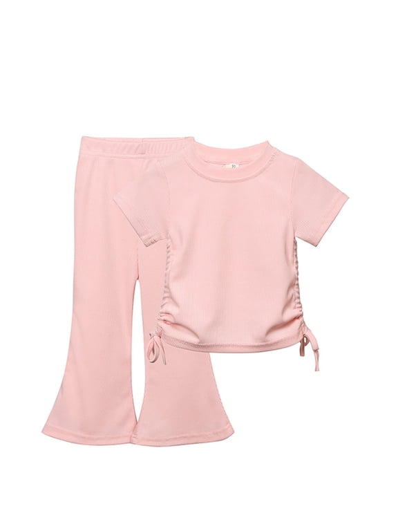 Toddler Girl Summer Outfits Ribbed Knit Solid Color Drawstring Short Sleeve Flared Pants Two Set Cute Pants Size 1-10 Years Pink