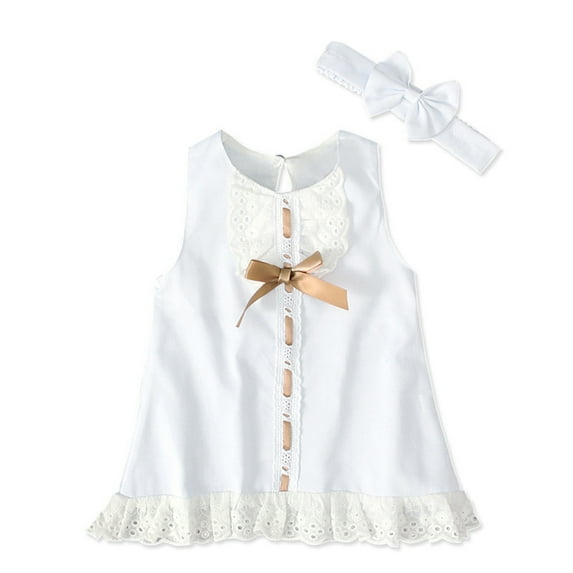 Zwiiyzr Toddler Girls Cute Dress Solid Color Lace Dress Round Collar Short Sleeve Dress with Bow Scarf Suit Baby Clothes White