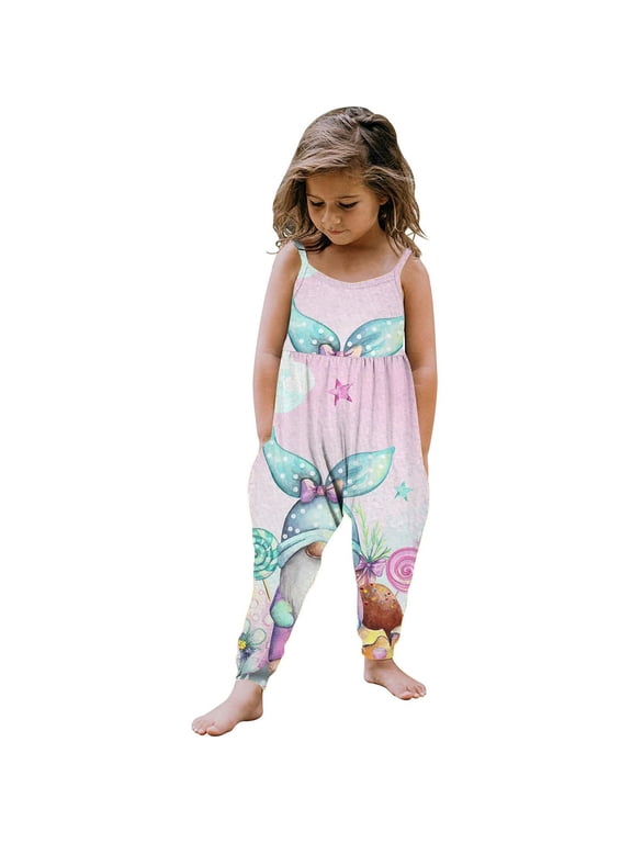 Toddler Girls Kids Easter Easter Eggs Printing Jumpsuit Playsuit Strap Romper Summer Outfits Baby Clothes for 1-6 Years Pink
