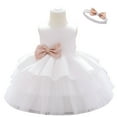 thumbnail image 1 of Zwiiyzr Toddler Girls Net Yarn Embroidery Rhinestone Bowknot Birthday Party Gown Long Dresses Headband Suit, White, 18-24 Months, 1 of 3