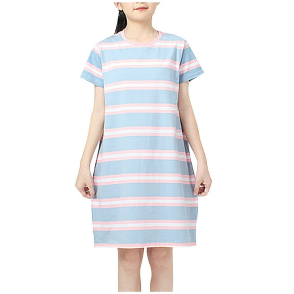 Zwiiyzr 2025 Toddler Girls Short Sleeve Dress Striped Cotton Casual Summer T Shirt Casual Dresses Pink