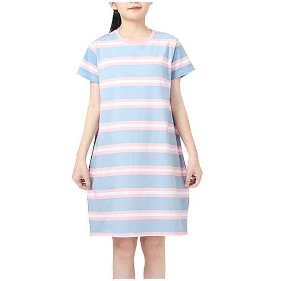 Zwiiyzr 2025 Toddler Girls Short Sleeve Dress Striped Cotton Casual Summer T Shirt Casual Dresses Pink