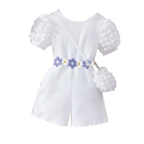 Zwiiyzr Toddler Girls Summer Jumpsuits Crewneck Ribbed Romper Puff Short Sleeve High Waist Shorts Jumpsuit with Bag 18M-6Y White