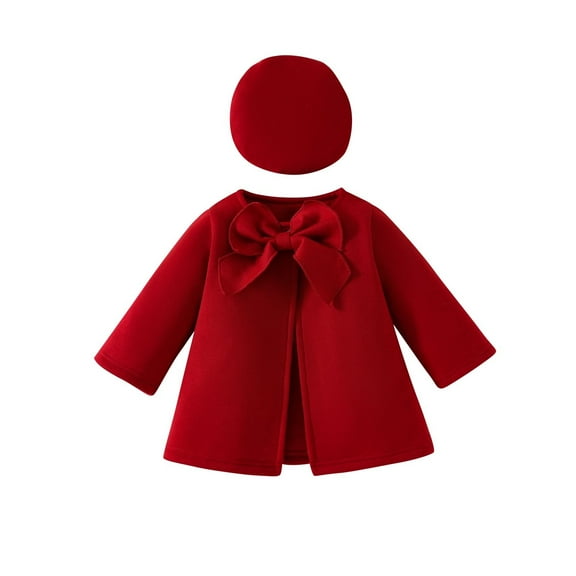 Zwiiyzr Toddler Girls Winter Long Sleeve Warm Pea Coat Jacket Solid Color Bow Tie for Babys Clothes Girl Dress Hat Suit Long Outerwear Red