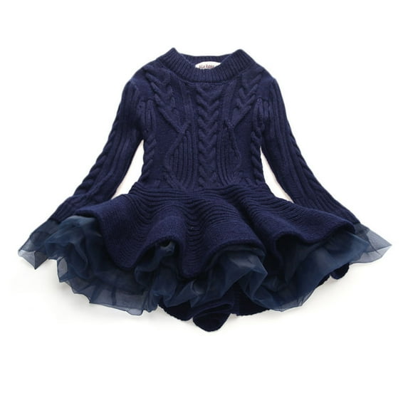 Zwiiyzr Toddler Girls Winter Sweater Dress Long Sleeve Princess Dresses Baby Clothes Kids Tulle Knitted Crochet Dress Navy