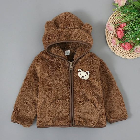 Zwiiyzr 2024 Toddler Kids Baby Boys Girls Cute Bear Ear Fleece Hooded Jacket Coat Solid Color Winter Keep Warm Zipper Coat Outerwear Brown for 18-24 Months
