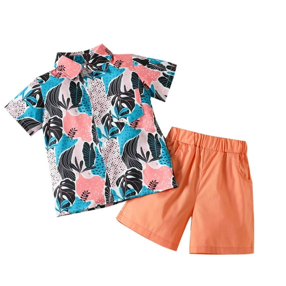 Zwiiyzr Toddler Kids Baby Boys Summer Clothes Trendy Tropical Print Cute Short Sleeve Stripe Print Casual Shorts Set 1-5T Orange