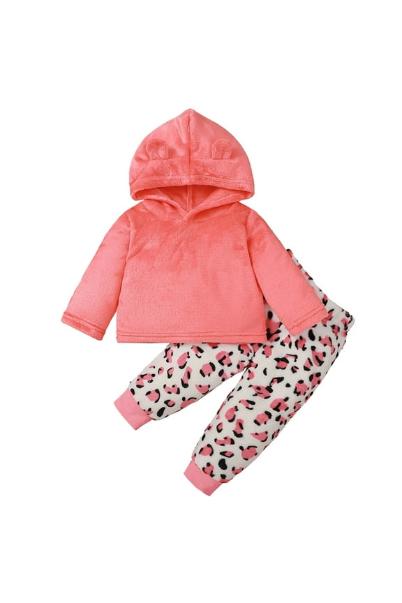 Toddler Kids Baby Girls Hoodies Tracksuit Sweatsuits 2 Piece Flannel Warm Leopard Print Hooded Sweatshirt Tops Elastic Waist Pants Set Outfits Baby Winter Clothes Pink