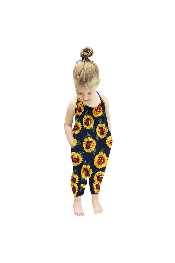 Toddler Kids Boys Girls Summer Cute Flower Print Lacing Romper Jumpsuit Baby Clothes Navy 5 Years