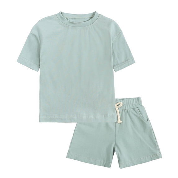 Zwiiyzr Toddler Kids Boys Girls Trendy Cute Solid Color Soft Short Sleeve Top Shorts Home Wear Suit for 1-13 Years Green