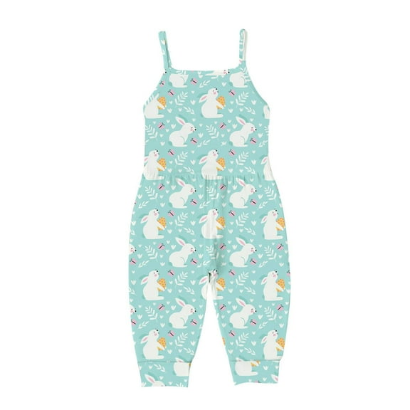 Zwiiyzr Toddler Kids Girls Summer Easter Romper Trendy Cute Flowers Print Suspenders Jumpsuit Baby Clothes for 1-5 Years Blue