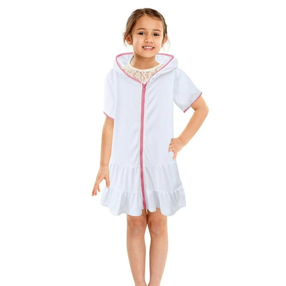 Zwiiyzr Toddler Kids Girls Swimsuit Cover Ups Towel Robe Zip-Up Beach Bathing Robe Suit Swim Cover Up White