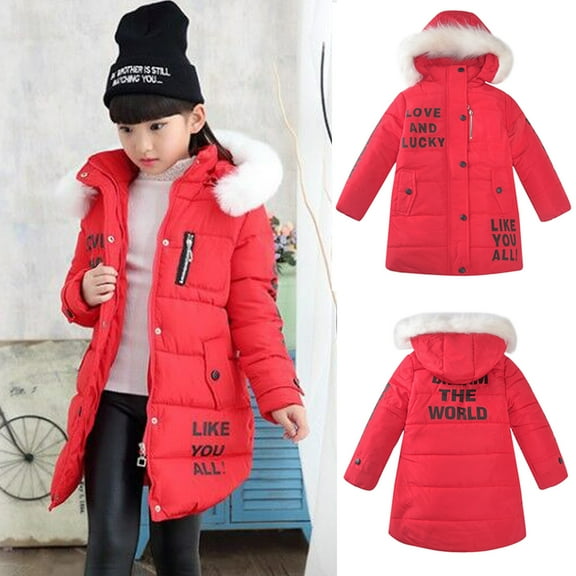 Zwiiyzr Toddler Kids Girls Winter Padded Coats Heavy Coat Thickened Jacket Children Letter Cute Hooded Zipper Jacket Clothes Red