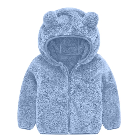 Lovskoo Toddler Baby Boys Girls Solid Hooded Jacket Fleece Cute Bear Ears Hoodie Fuzzy Warm Clothes Sweaters Outerwear Blue