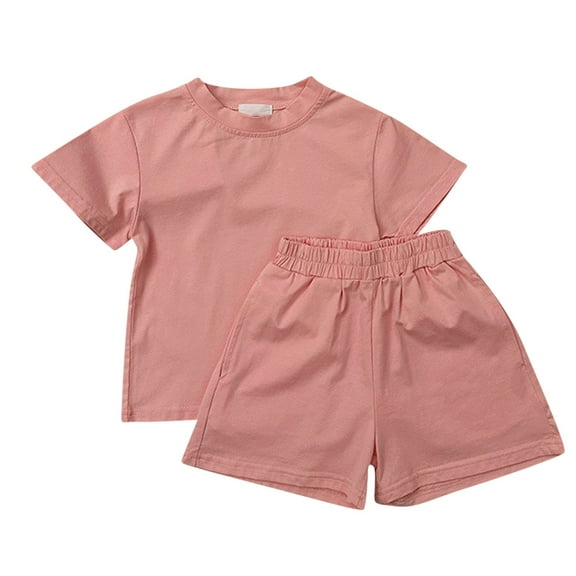 Zwiiyzr Toddler Summer Outfits for Girls Boys Solid Crewneck Top T-Shirt & Shorts Set 2 Piece Tracksuit Size 1-8 Years Pink