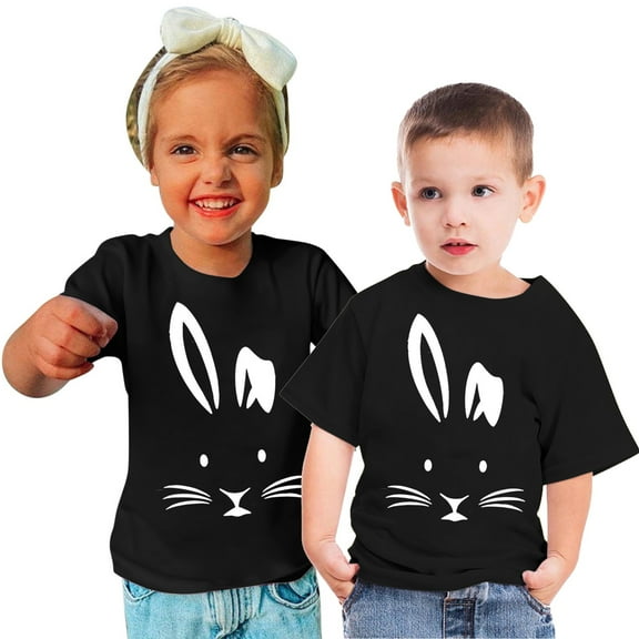 Zwiiyzr 2024 Toddler T-Shirt Bunny Face Doodle Easter Spring Time Flowers Great Gift Idea Easter Eggs Candy Basket Rabbit Cotton Tail Black-140