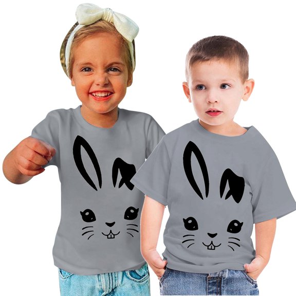 Zwiiyzr 2024 Toddler T-Shirt Bunny Face Doodle Easter Spring Time Flowers Great Gift Idea Easter Eggs Candy Basket Rabbit Cotton Tail Gray-140