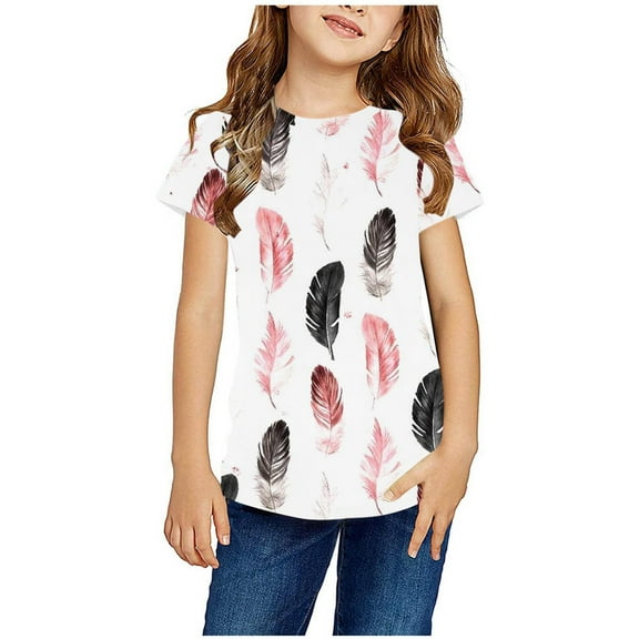 Zwiiyzr 2024 Toddler Tops Short Sleeve Round Neck Pullover Top Plus Size Loose Blouses Casual Summer Floral Graphic Tee Shirts White-13-14 Years