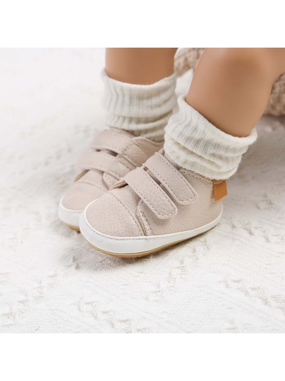 Unisex Baby First Walking Shoes 0-15 Months Infant Sneakers Boys Girls Shoes Non-Slip Rubber Sole High-Top Toddler Activewear Crib Shoes Newborn Loafers Flats Beige