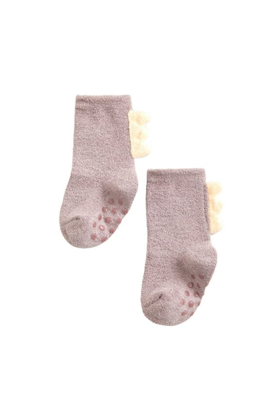 Winter Baby Boys Dinosaur Slipper Socks 0-5 Years Non-Slip Mid-Calf Children's Floor Socks Coral Fleece Lined Thickened Socks Purple
