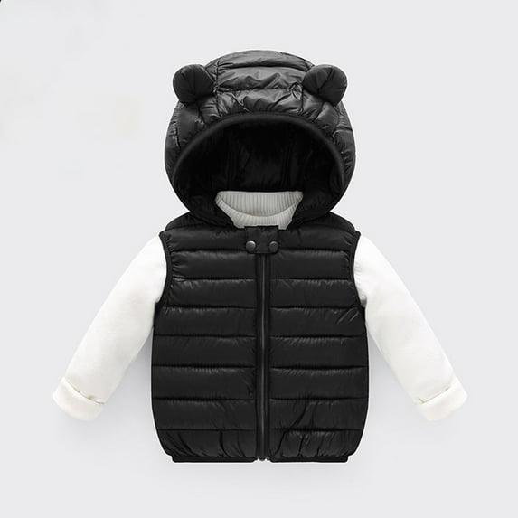 Zwiiyzr 2024 Winter Coats for Kids Toddler Baby Boys Girls Cute Bear Ear Hooded Sleeveless Coat Solid Color Windproof Padded Jacket Outerwear Black for 4-5 Years