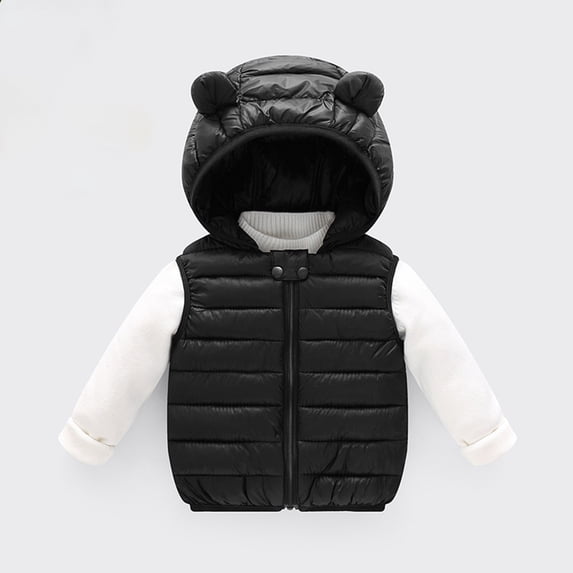 Zwiiyzr 2024 Winter Coats for Kids Toddler Baby Boys Girls Cute Bear Ear Hooded Sleeveless Coat Solid Color Windproof Padded Jacket Outerwear Black for 6-12 Months